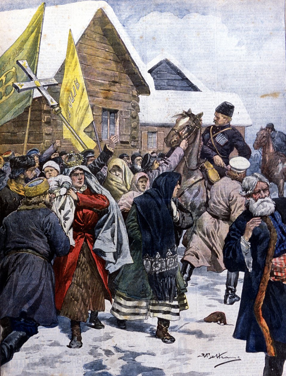 Pověry v Rusku: policie se snaží rozehnat sektu nových křesťanů. Ilustrace Beltrame. La Domenica del corriere. 1901. od Achille Beltrame