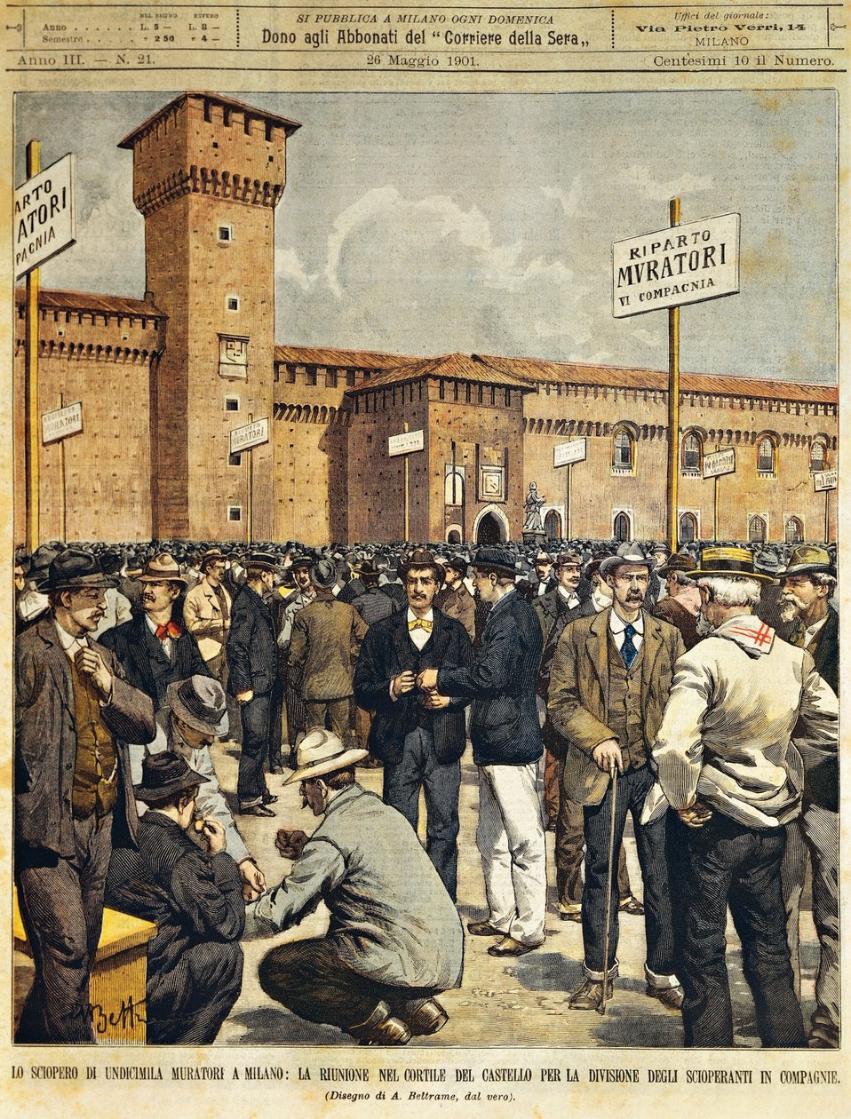 Velká stávka stavitelů v Miláně: Veřejné shromáždění na velkém nádvoří hradu Sforzesco, Achille Beltrame (1871-1945), z La Domenica del Corriere, 26. května 1901 od Achille Beltrame