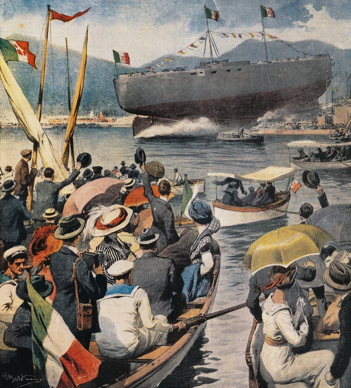 Start bitevní lodi Andrea Doria z Arsenale v La Spezia, panel Achille Beltrame (1871-1945), La Domenica del Corriere, 6. dubna od Achille Beltrame