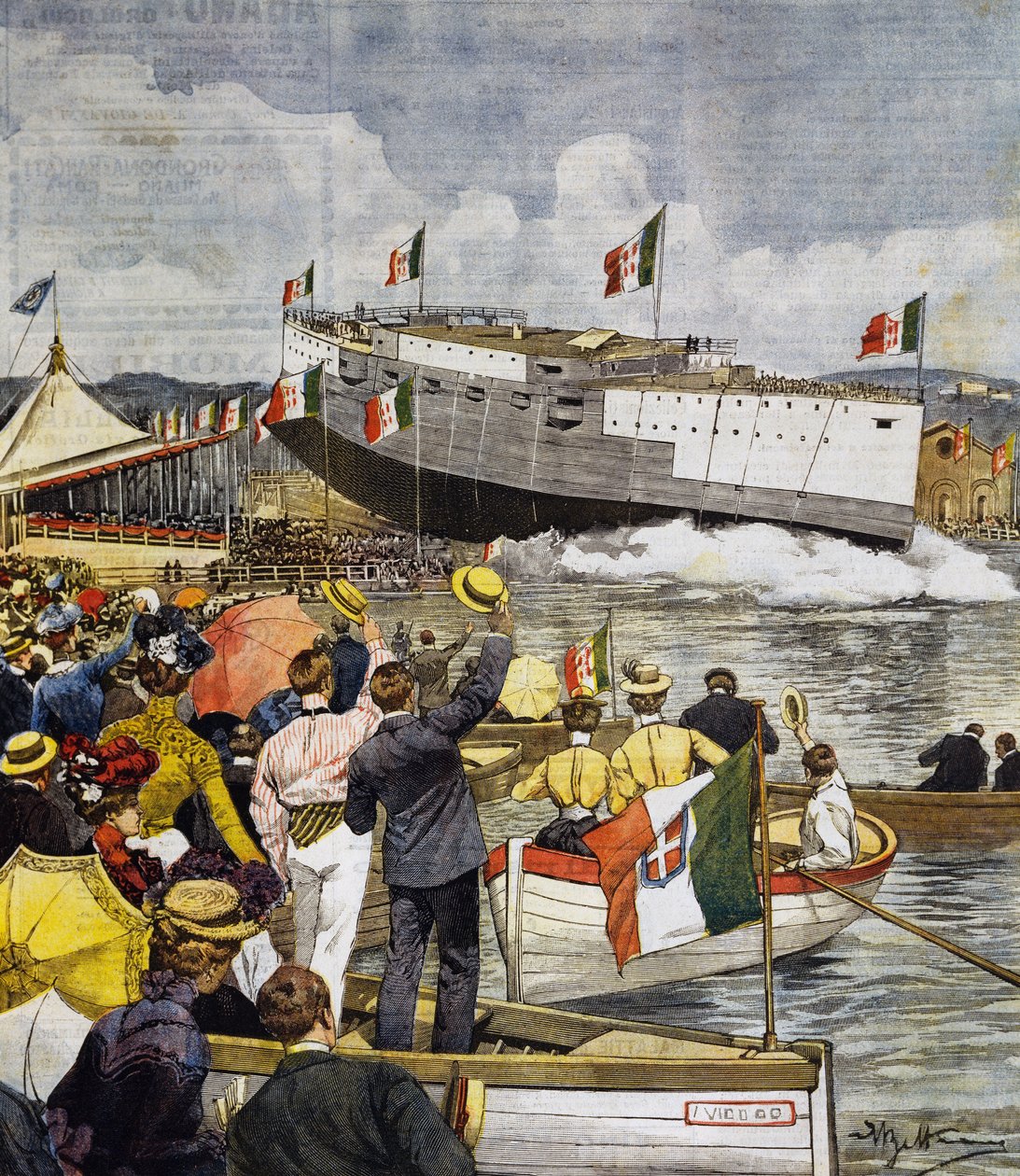 Start bitevní lodi Regina Margherita v La Spezia, panel Achille Beltrame (1871-1945), La Domenica del Corriere, 9. června od Achille Beltrame