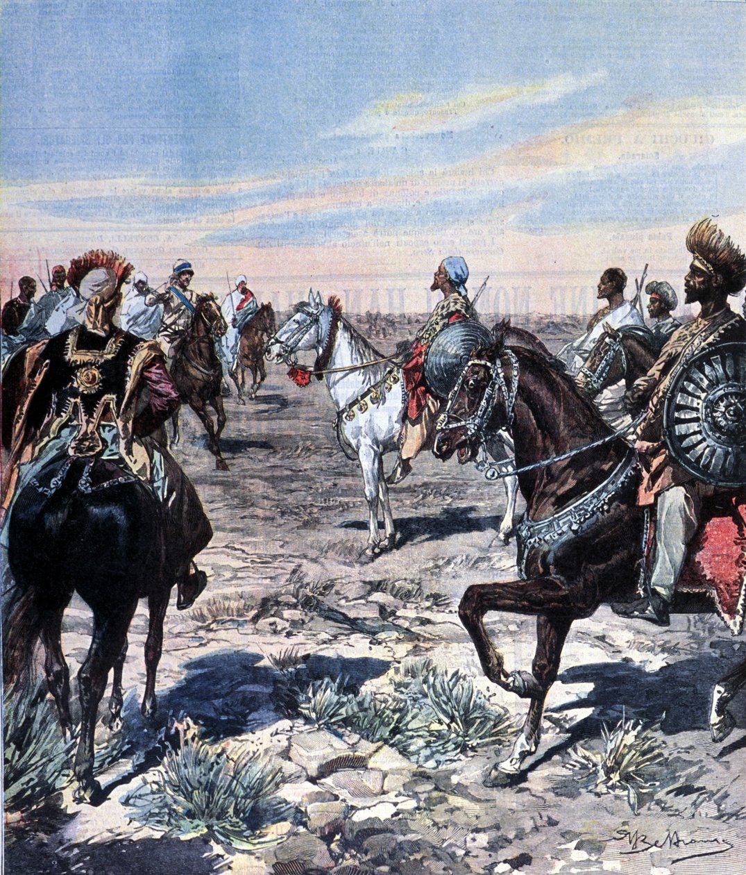 Kapitán Mozzetti v táboře Ras Makonnen (Mekonnen Welde Mikael) (Abba Qagnew) (1852-1906) v Etiopii. Ilustrace Beltrame. Domenica del corriere. 1899. od Achille Beltrame
