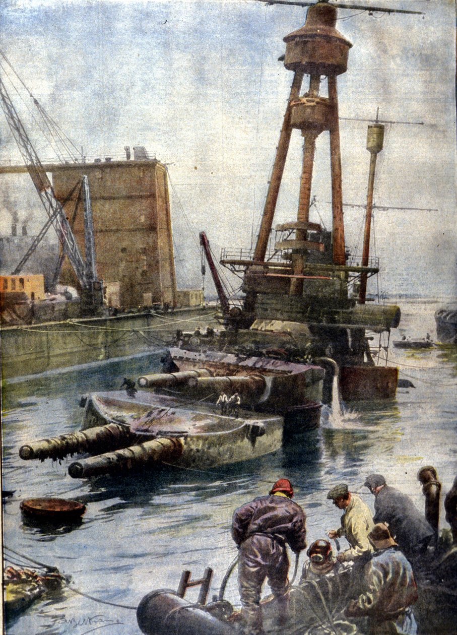 Německá bitevní loď Hindenburg potopená u Scapa Flow ve Skotsku se po 7 letech strávených na dně oceánů vrátila na povrch díky anglické flotile. Ilustrace Beltrame. Domenica z corriere od Achille Beltrame