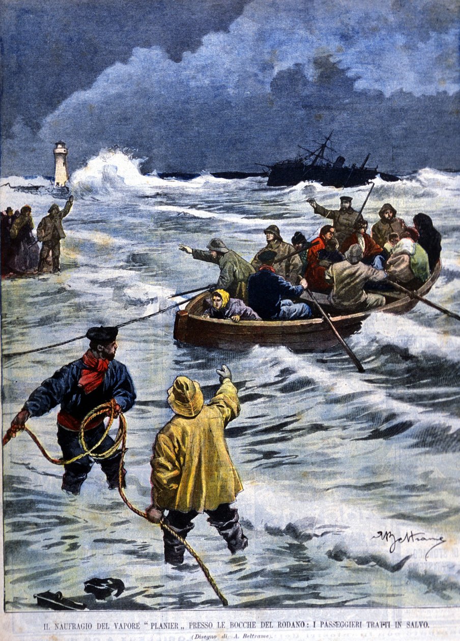 Potopení parníku Planier poblíž Bouches du Rhône: záchranná služba přivezla cestující zpět. Illustraion of Beltrame. La Domenica del corriere. 1901. od Achille Beltrame