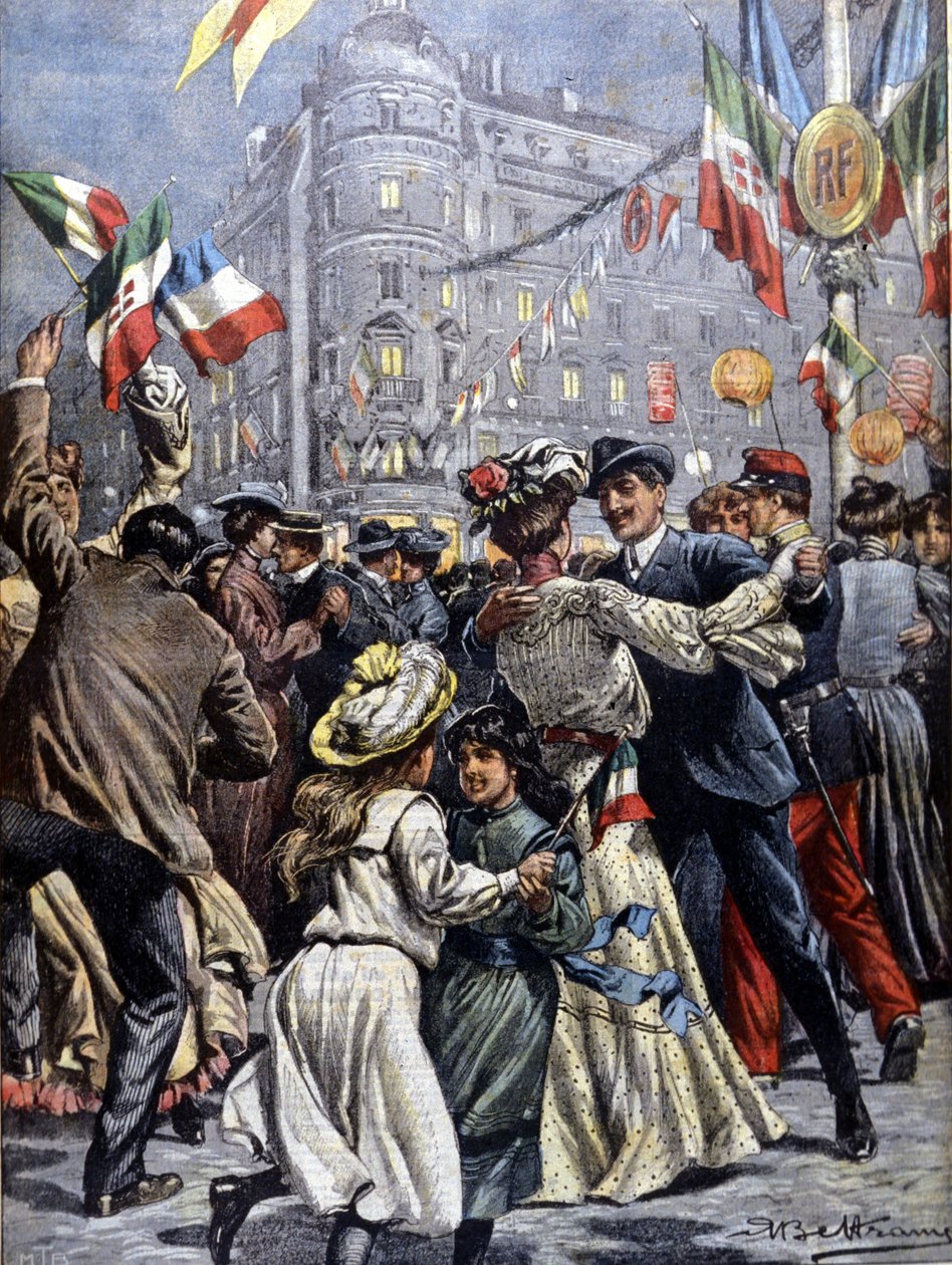 Italští suveréni v Paříži: oblíbené plesy v ulicích. Ilustrace Beltrame. La Domenica del corriere. 1903. od Achille Beltrame