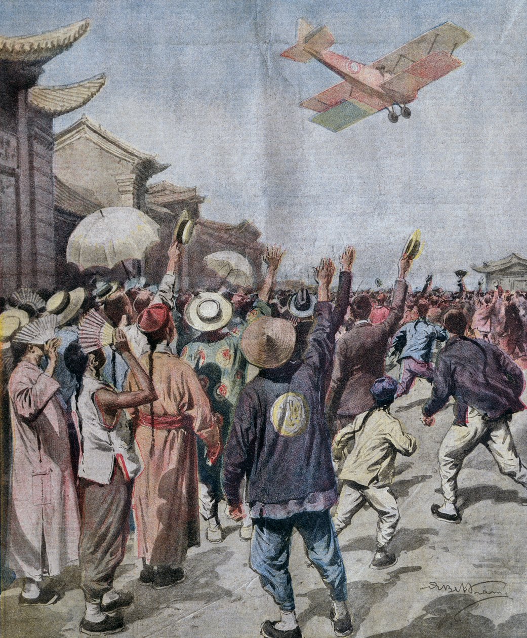 Poručík Arturo Ferrarin, účastník nájezdu Řím-Tokio, přijíždějící a zjevující se nad oblohou v Šanghaji, ilustrace Achille Beltrame z La Domenica del Corriere, 16. května od Achille Beltrame