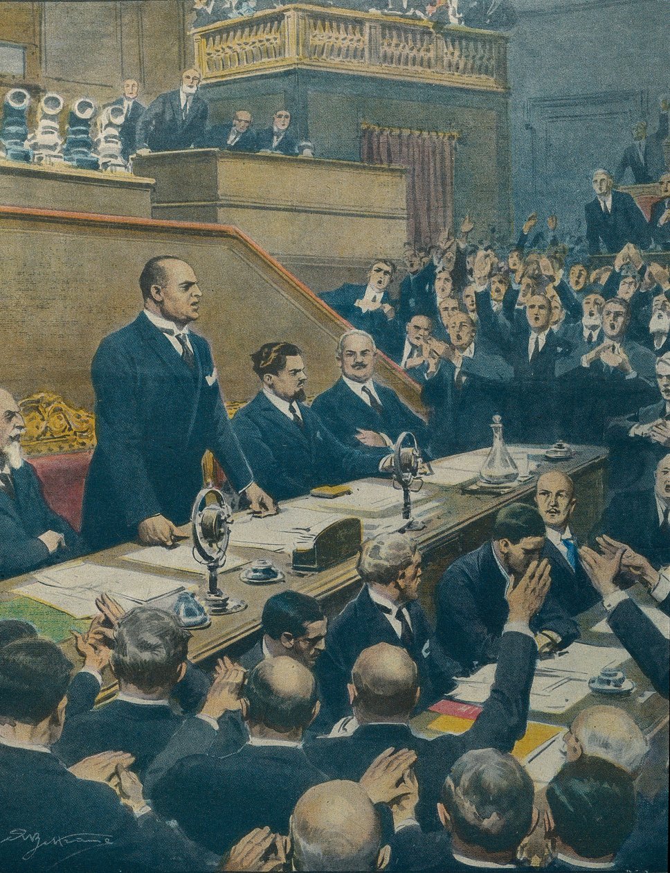MUSSOLINI, Benito (1883-1945). Italský fašistický politik, italský duce (vůdce) (1925-1943). Mussolini oznamuje Senátu spojenectví mezi čtyřmi západními mocnostmi. Achille Beltrame (1871-1945) z La Domenica del Corriere, 7. června od Achille Beltrame
