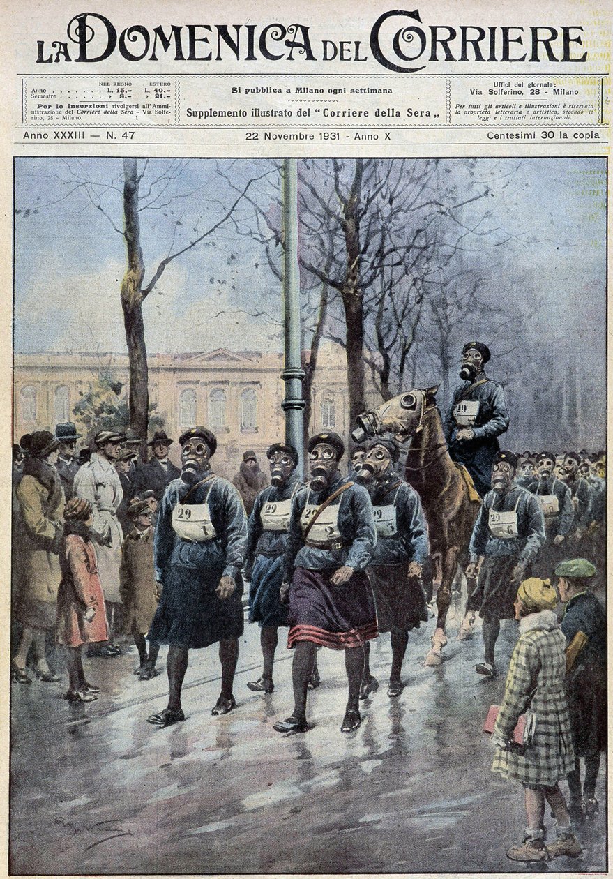 Pochod organizovaný ve Varšavě za účelem cvičení obyvatelstva v používání plynových masek - kresba A. Beltrame, v „“la Domenica del Corriere““ z 22.11.1931 od Achille Beltrame