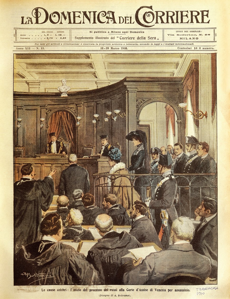 Maria Tarnowska u soudu v Benátkách, Achille Beltrame, ilustrace, Ilustrátor Achille Beltrame (1871-1945), z La Domenica del Corrier od Achille Beltrame