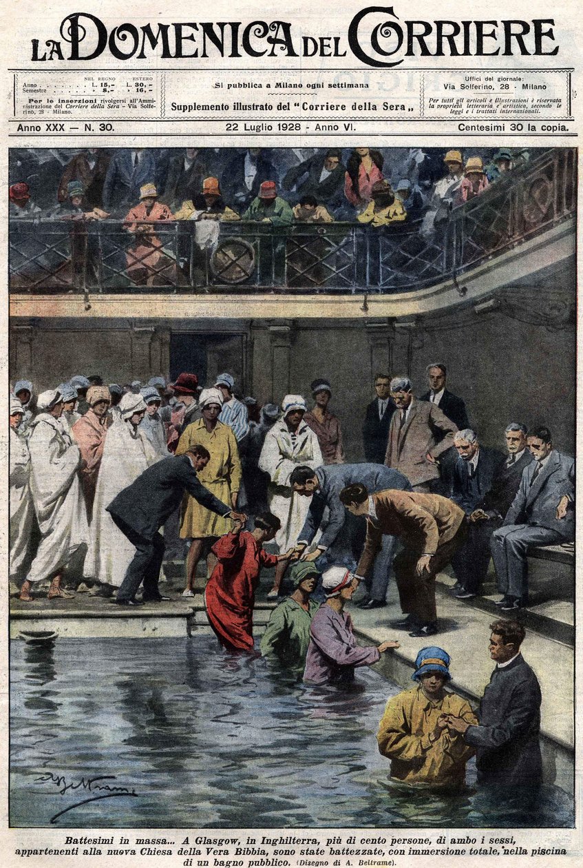 Hromadné křty: Ve skotském Glasgow bylo v obecním bazénu pokřtěno více než sto lidí, členů nové Pravé biblické církve. Ilustrace Beltrame. La Domenica del Corriere. 22/07/1928. od Achille Beltrame