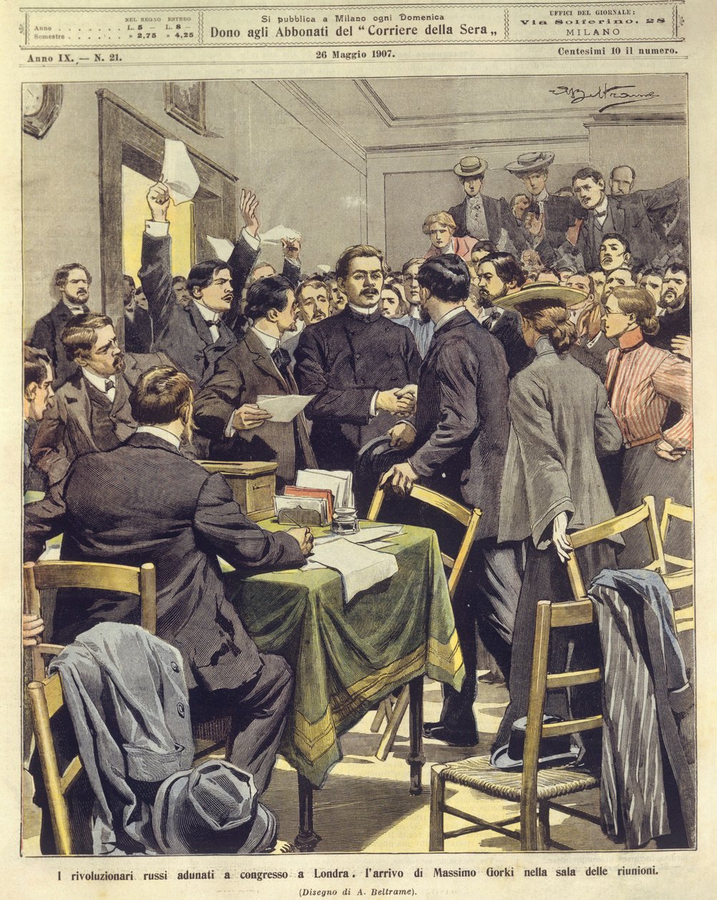 Maxim Gorkij příjezd na setkání ruských revolucionářů v Londýně 26. května od Achille Beltrame