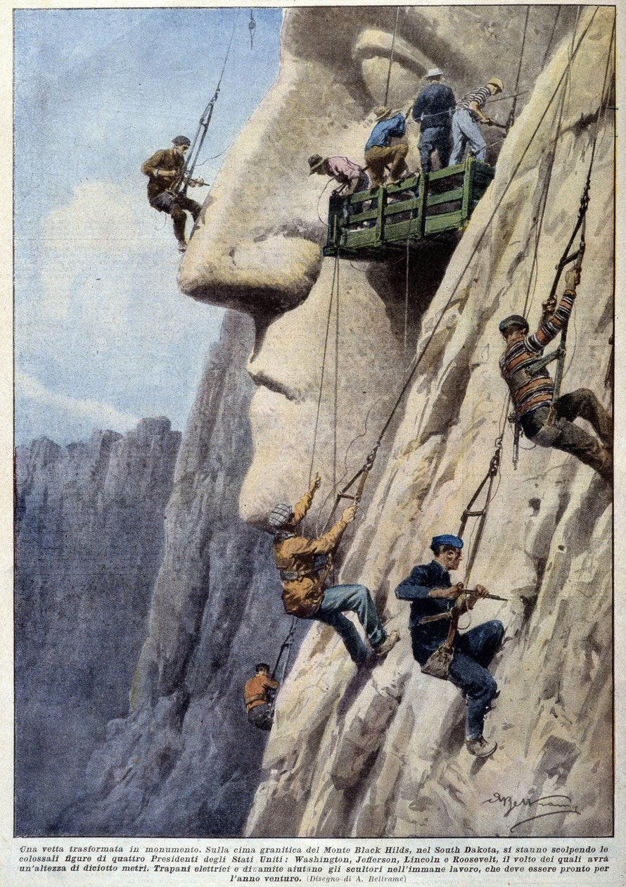 Muži šplhající po žulovém útesu a sochaři při práci na stavbě pomníku amerických prezidentů Mount Black Hilds - kresba A. Beltrame, v „La Domenica del Corriere““ od Achille Beltrame