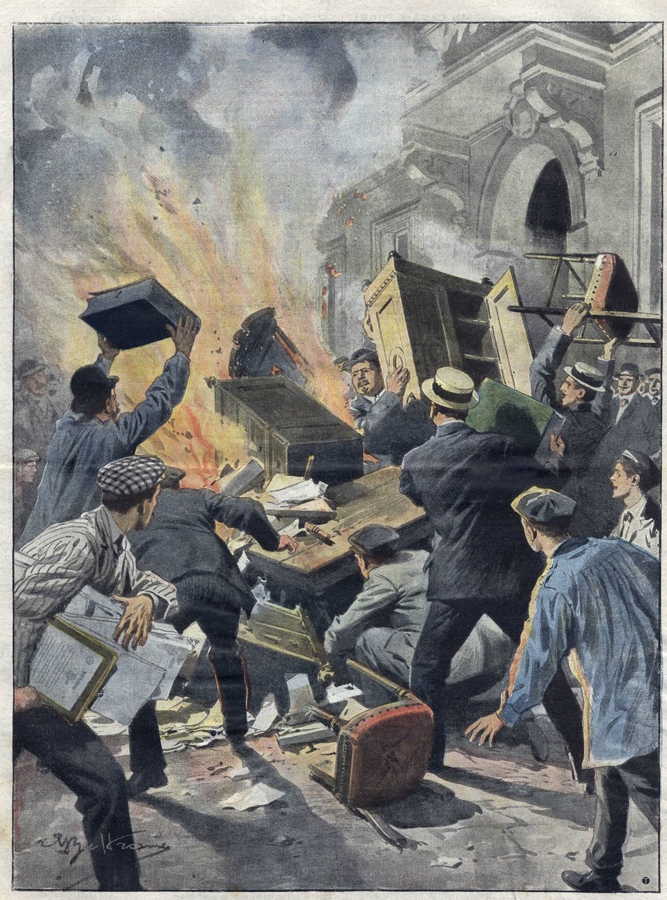 Midi vinařská krize v roce 1907: vinaři zapálili radnici v Beziers (Herault). Ilustrace Achille Beltrame z roku 1907. od Achille Beltrame