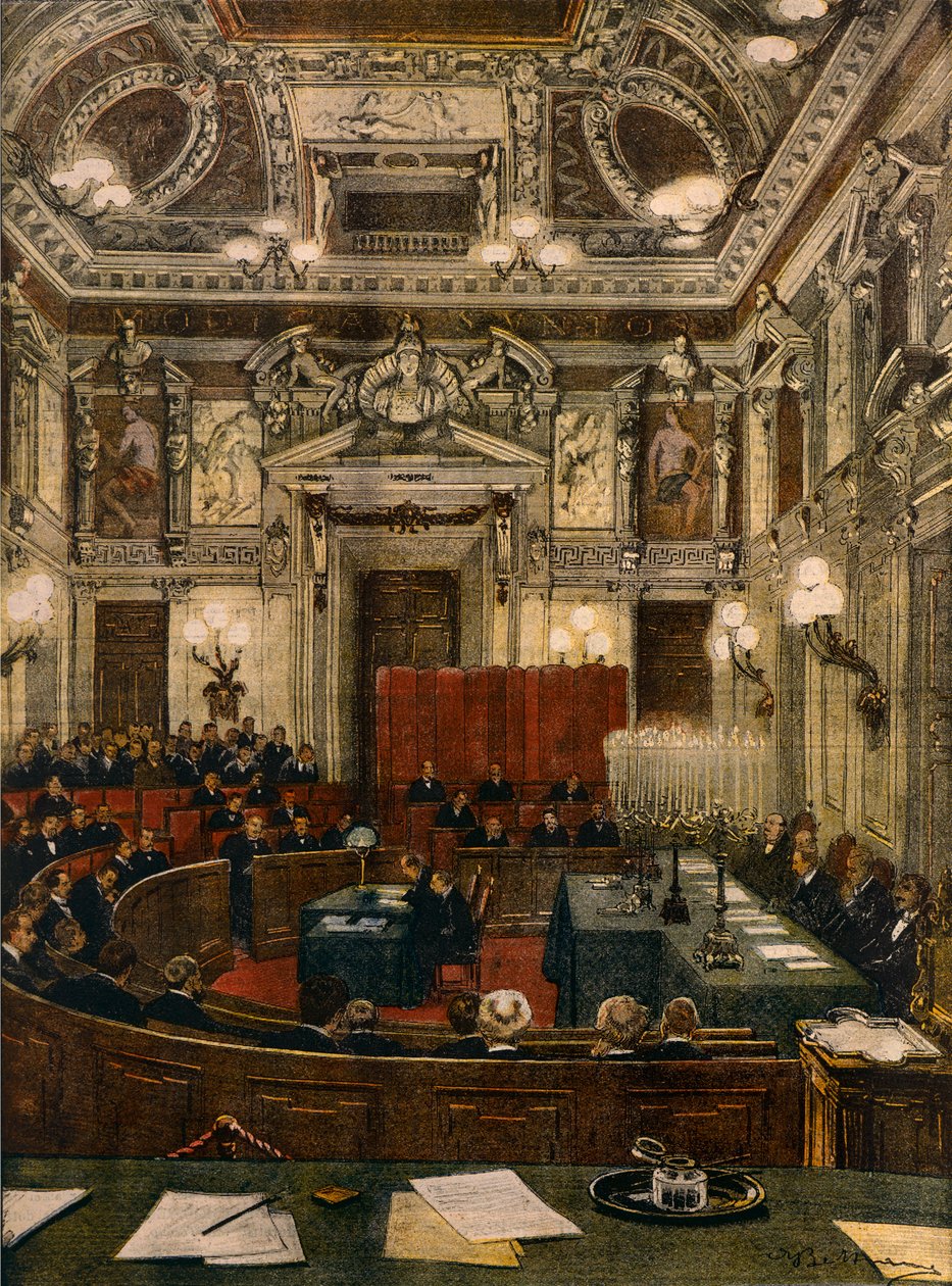 Nová městská rada v Miláně na zasedání, Achille Beltrame (1871-1945), z La Domenica del Corriere od Achille Beltrame