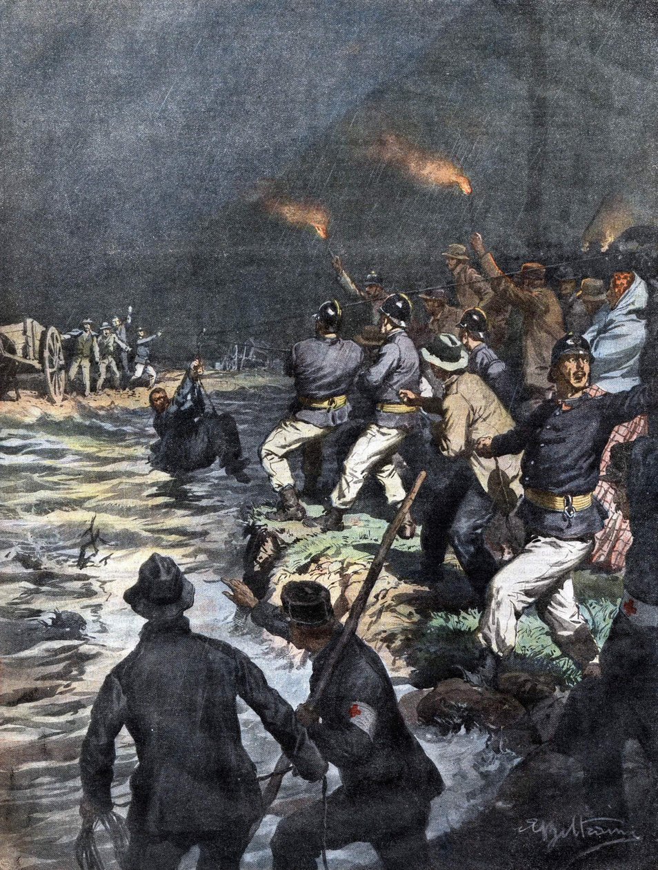 Zázračná záchrana povozníků zablokovaných na ostrově na řece Serio nedaleko Bergama - Ilustrace Beltrame v „La Domenica del Corriere““ 10/1909 od Achille Beltrame