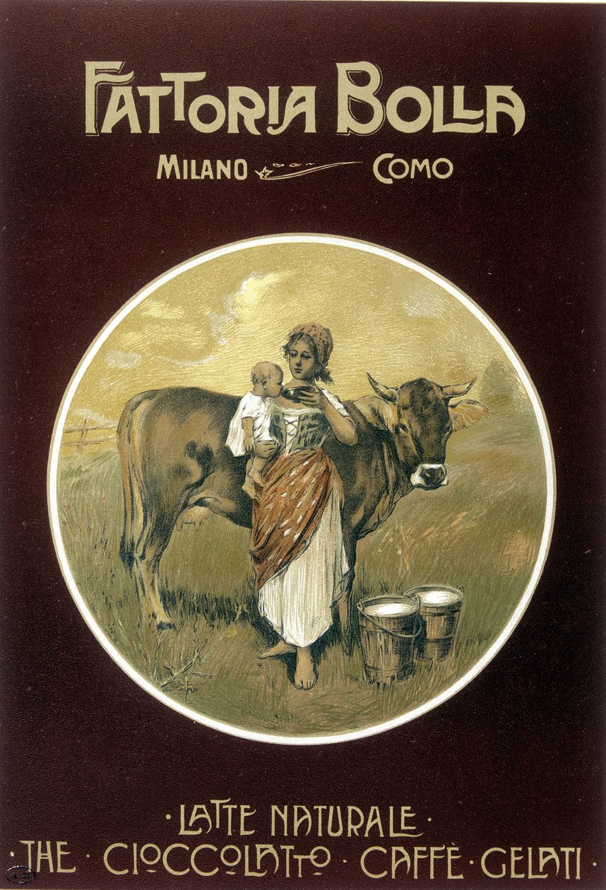 Matka nutí své dítě pít kravské mléko - reklamní plakát Fattoria Bolla (plakát) od Achille Beltrame