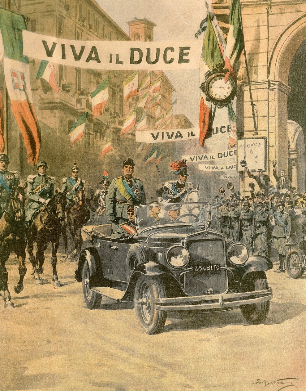 Mussoliniho triumfální příjezd do Turína, Achille Beltrame (1871-1945) z vydání La Domenica del Corriere, říjen 1932 od Achille Beltrame