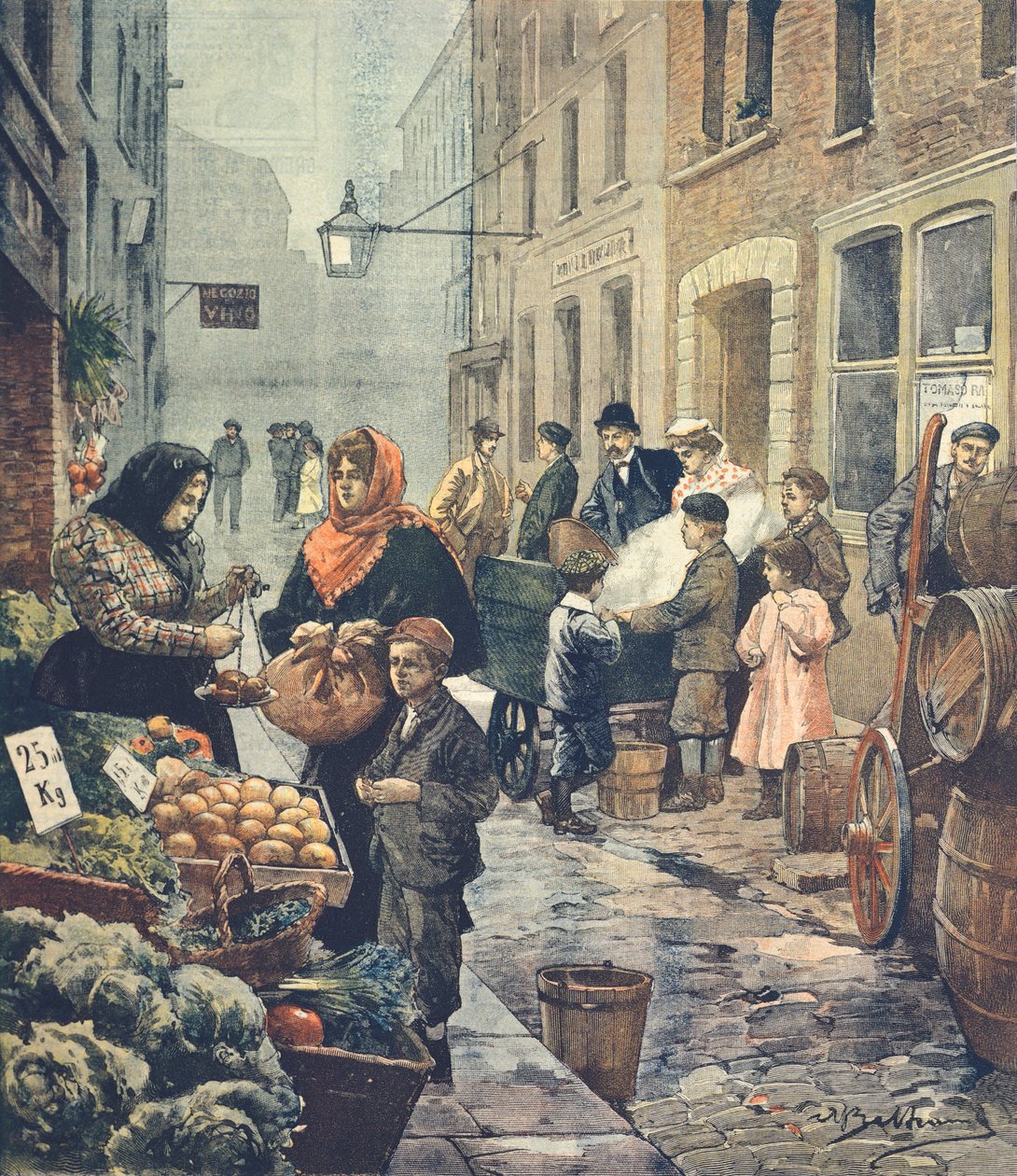 Jedna z nejcharakterističtějších ulic italské čtvrti, Soffron Hill, Londýn, od Achille Beltrame (1871-1945) z La Domenica del Corriere od Achille Beltrame