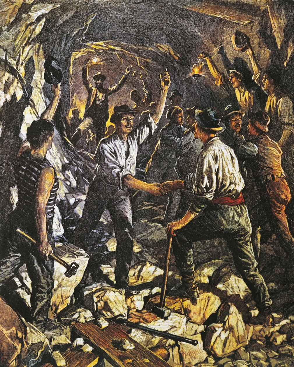 Otevření prvního úseku železničního tunelu Simplon mezi Aronou a Meinou, Achille Beltrame (1871-1945), z La Domenica del Corriere, 25. října 1903 od Achille Beltrame