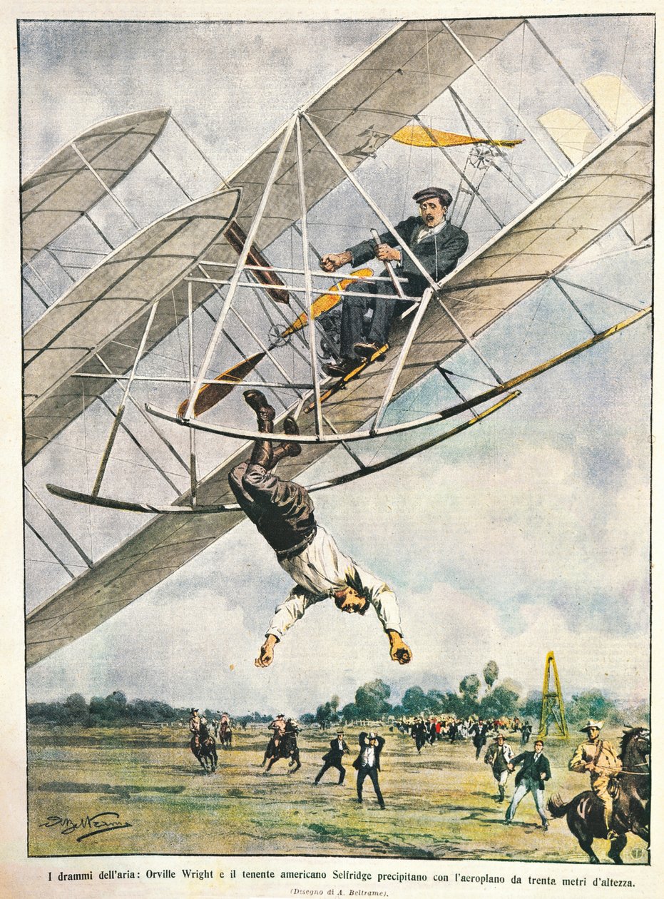 Orville Wright a poručík Seliridge se vrhají dvojplošníkem z třiceti metrů, Spojené státy americké, ilustrace Achille Beltrame z La Domenica del Corriere, 11. října od Achille Beltrame
