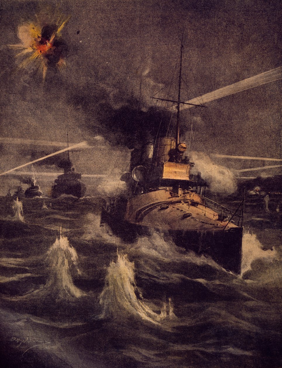 Naše torpédové čluny podnikají odvážný vpád do Dardanelské úžiny pod nepřátelskou palbou, Achille Beltrame (1871-1945), ilustrace z La Domenica del Corriere od Achille Beltrame