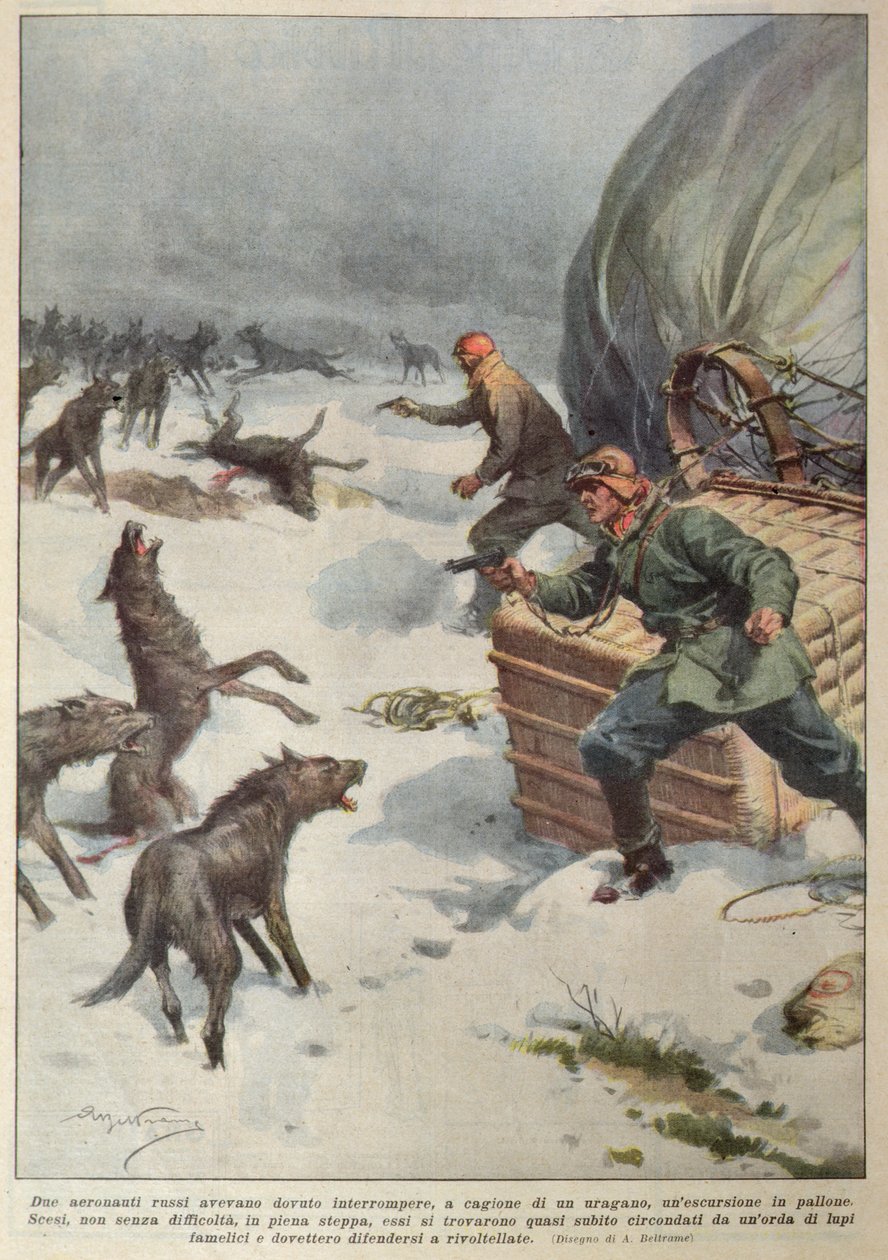 Smečky vlků útočících na posádku uzemněného ruského horkovzdušného balónu, ilustrace z „La Corriere della Sera“ od Achille Beltrame
