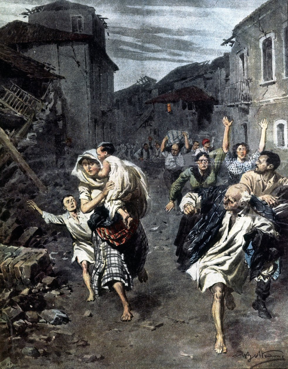 Panika v Reggio Calabria po zemětřesení v roce 1908. Ilustrace Beltrame. 1908 od Achille Beltrame