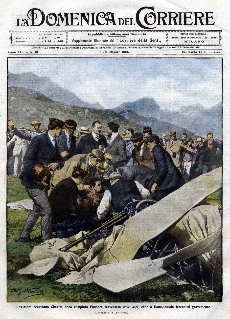 Peruánský letec Chavez po svém odvážném překročení Alp havaroval v Domodossole s vážnými zraněními. Ilustrace Beltrame. 2/10/1910. La Domenica del Corriere. od Achille Beltrame