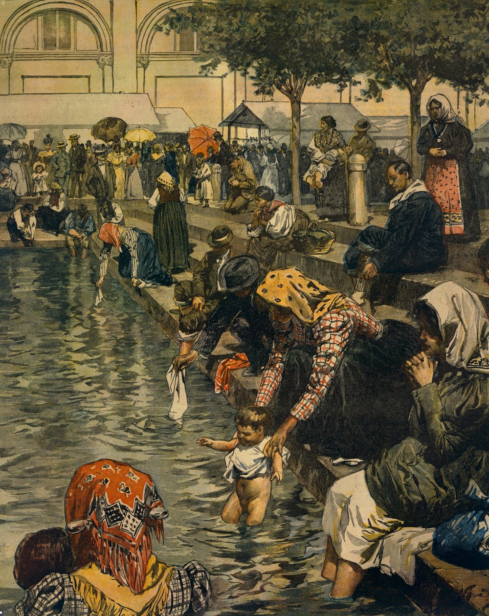 Pouť do Caravaggia: Koupání v zázračných vodách, Achille Beltrame (1871-1945), z La Domenica del Corriere od Achille Beltrame