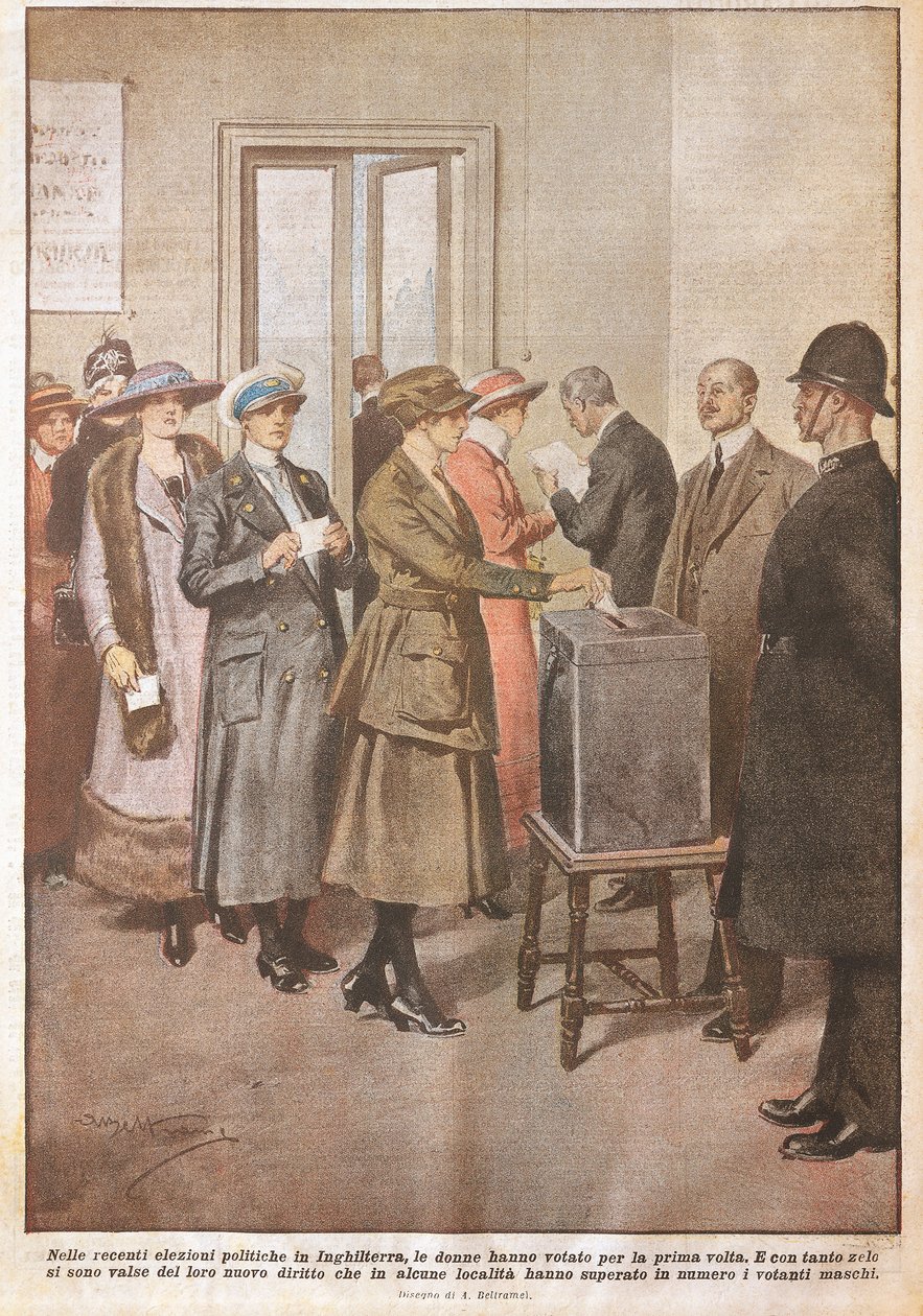 Politické volby v Anglii: Ženy volí poprvé, Achille Beltrame (1871-1945), z La Domenica del Corriere, 20. století od Achille Beltrame