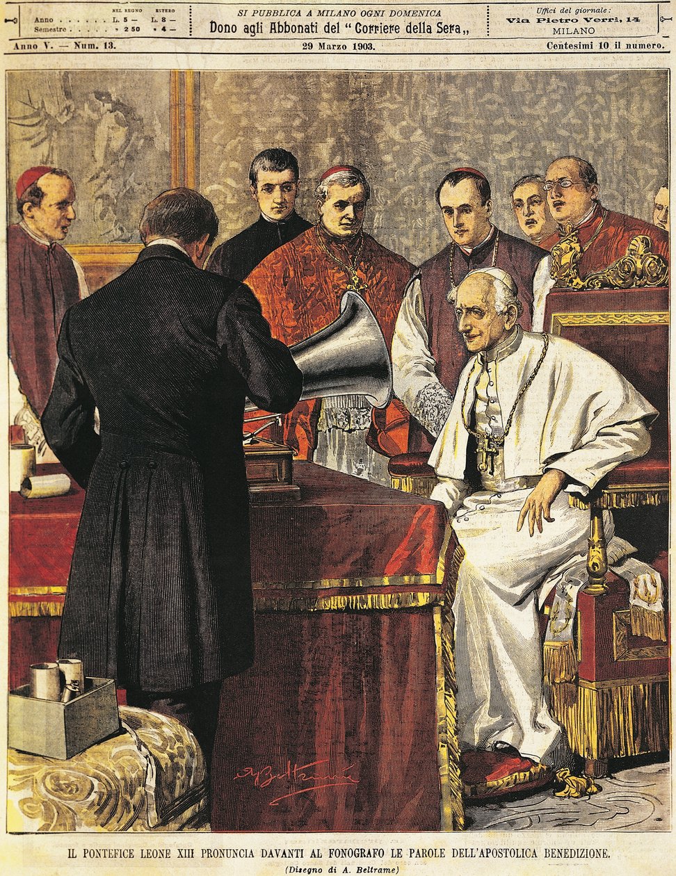 Papež Leone XIII čte Benediction do gramofonu, od Achille Beltrame (1871-1945), z La Domenica del Corriere, 29. března 1903 od Achille Beltrame