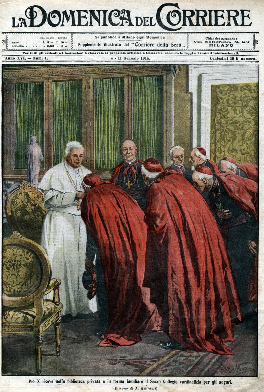 Papež Pius X. přijímá kardinály ve své knihovně k novoročnímu přání. Obálka Domenica del Corriere ze 4. ledna od Achille Beltrame