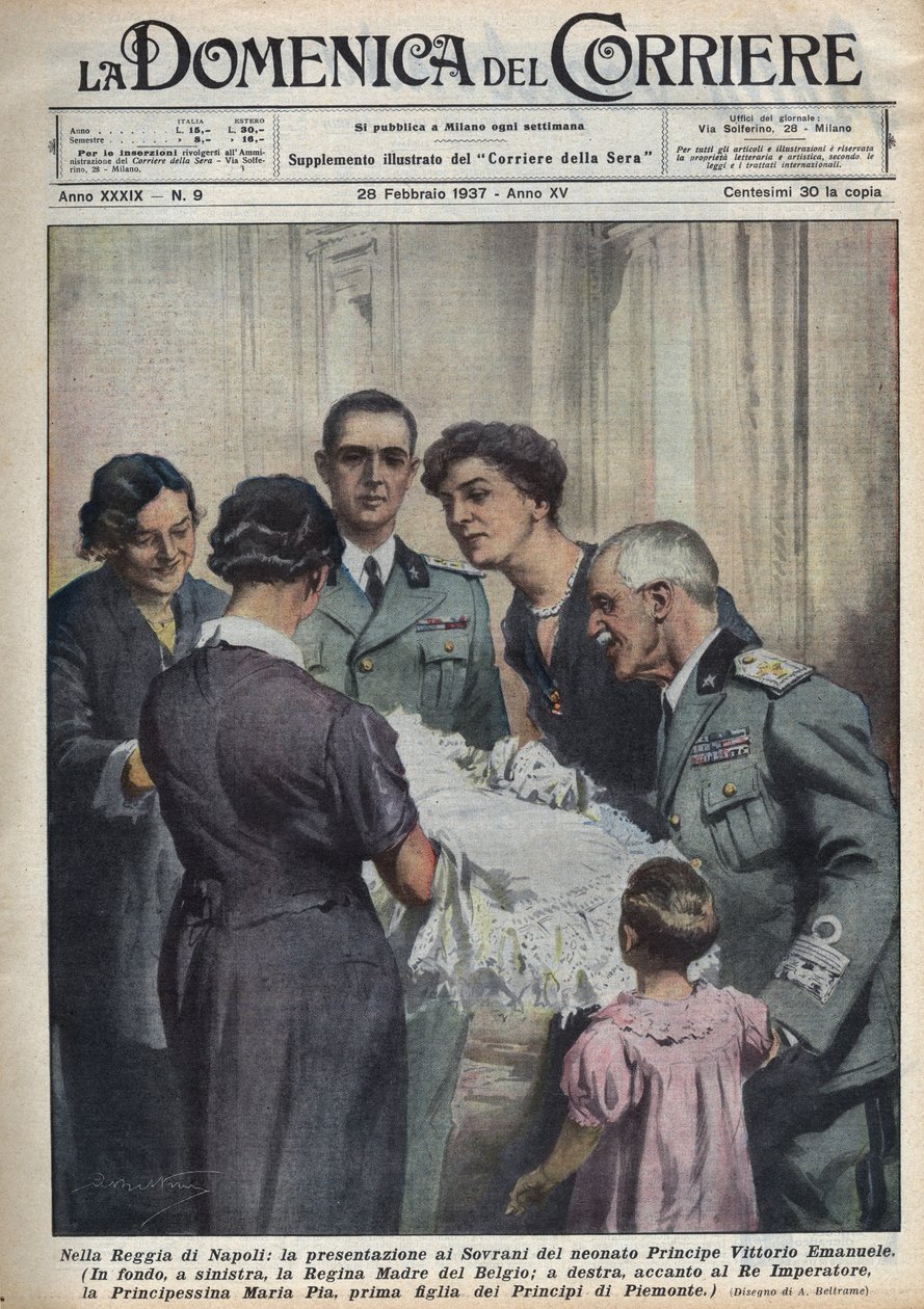 Představení prince Vittoria Emanuela, nemluvně, panovníkům, vlevo královna matka Belgičanů Elisabeth de Baviere (1876-1965), vpravo Victor-Emmanuel (Victor Emmanuel) (Vittorio Emanuele) III Savojský a v pozadí Fathe od Achille Beltrame