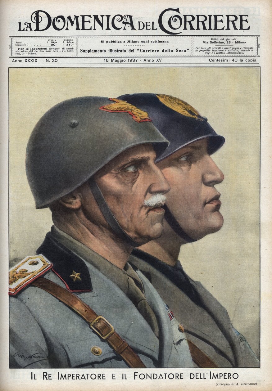 Profily krále Vittoria Emanuela (Victor Emmanuel) III a vévody Benita Mussoliniho, zakladatele říše, na způsob římských císařů. Ilustrace Achille Beltrame v „La domenica del Corriere““ z 16.5.1937. od Achille Beltrame