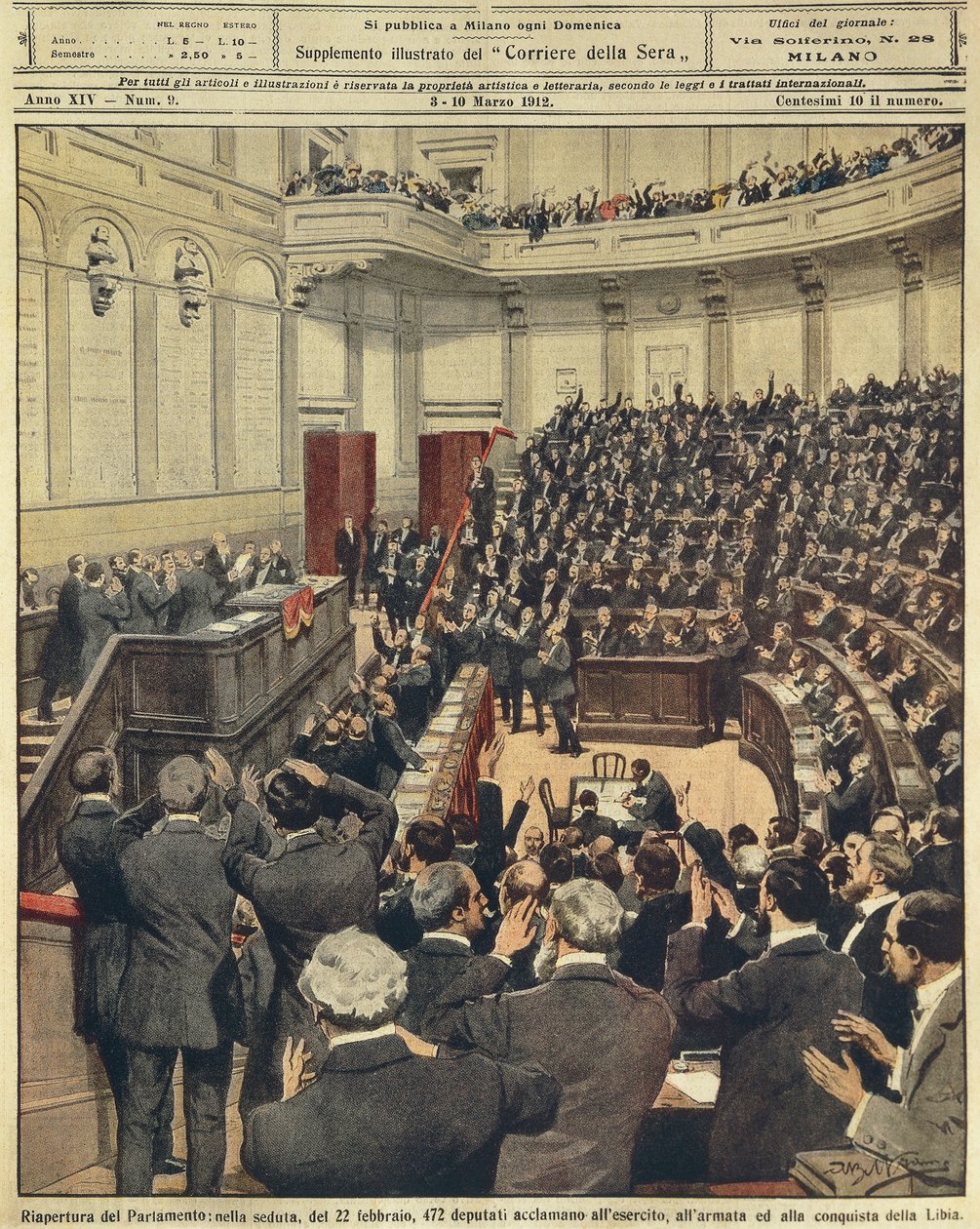 Znovuotevření italského parlamentu večer 22. února, jásání armády po jejím úspěšném tažení v Libyi, Achille Beltrame, ilustrace, Ilustrátor Achille Beltrame (1871-1945), z La Domenica del Corriere, 3. března 1912 od Achille Beltrame
