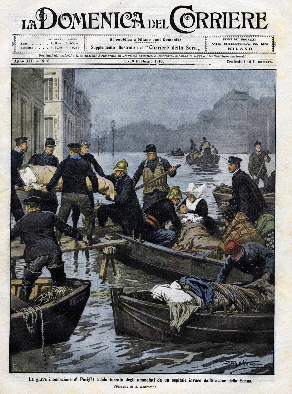 Záchrana nemocných v Paříži během únorových povodní v roce 1910. Obálka „“ domenica del corriere“““. 13. února 1910 ilustrace Achille Beltrame od Achille Beltrame