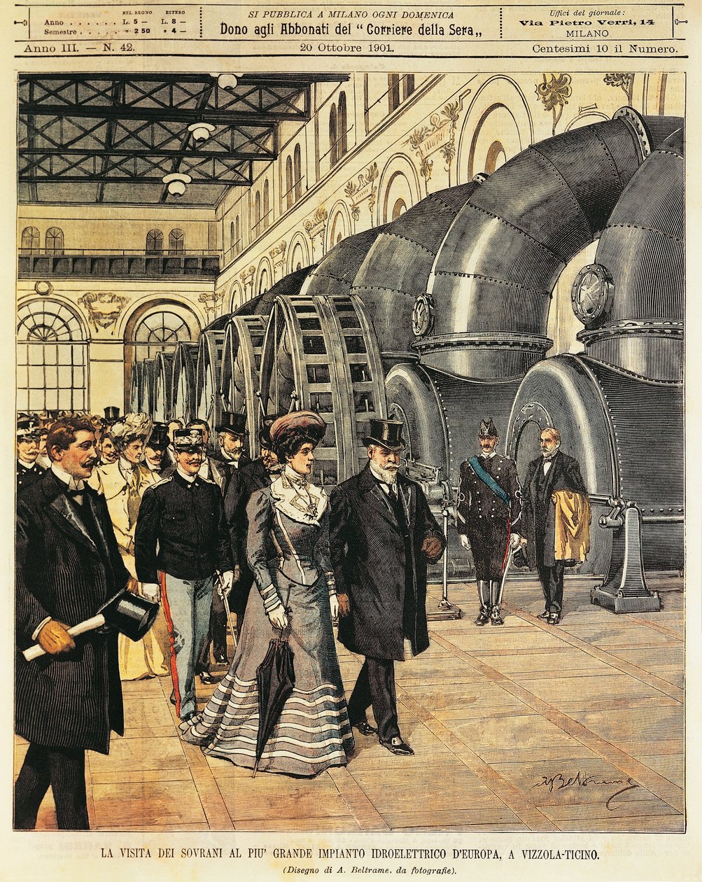 Royals navštěvující největší vodní elektrárnu v Evropě ve Vizzola Ticino (Itálie), Achille Beltrame (1871-1945), z La Domenica del Corriere, 20. října 1901 od Achille Beltrame