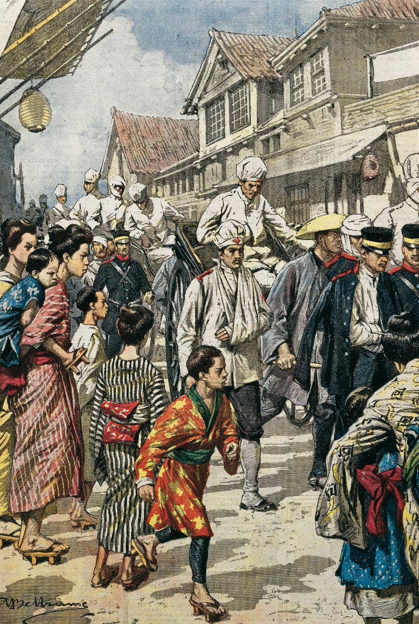 Rusko-japonská válka (1904-1905). Příjezd do Tokia prvních zraněných v bitvě u Ya-Lu (únor 1904). Obrázek od Achille Beltrame pro „La Domenica del Corriere““. Leptání. od Achille Beltrame