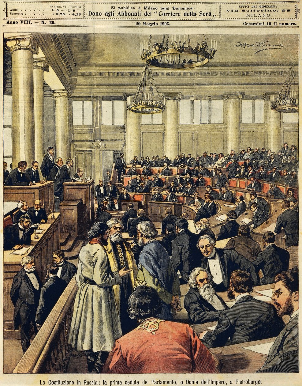 Ruská ústava: První setkání parlamentu v Petrohradě, Achille Beltrame (1871-1945), z La Domenica del Corriere, 20. května 1906 od Achille Beltrame