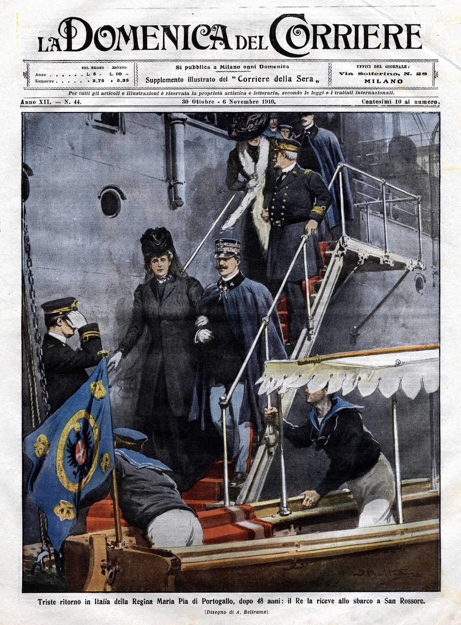 Smutný návrat portugalské královny Marie Pia do Itálie po 48 letech: italský král Viktor Emmanuel III. (Victor-Emmanuel) (Vittorio Emanuele) ji obdržel v San Rossore v Toskánsku. Ilustrace Beltrame. La Domenica del Corriere. 11. června 1910. od Achille Beltrame