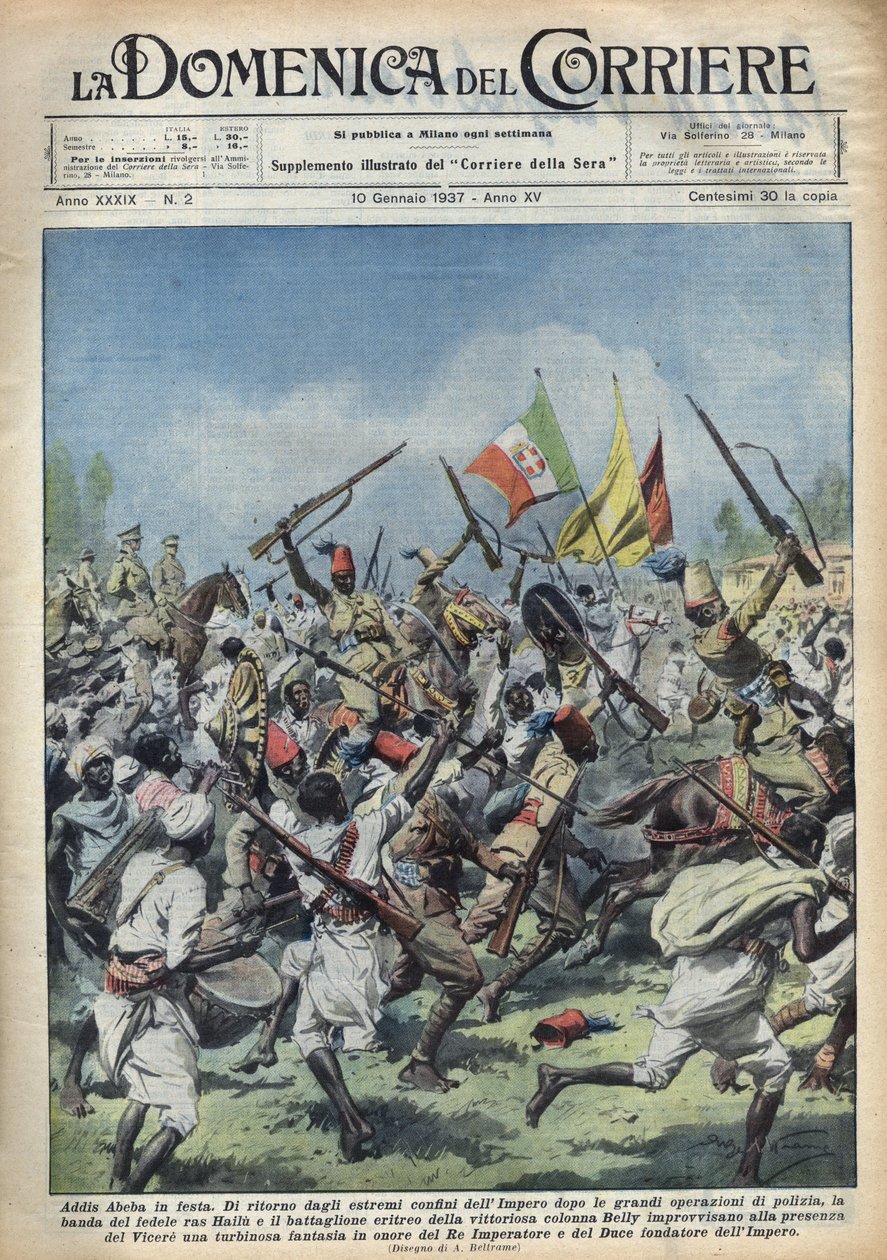 Scéna radosti v Addis Abebě (Addis Abeba), Etiopie, návrat Ras Hailou z hlavních policejních operací. Defile na počest vévody (Benito Mussolini) a krále Etiopie. Ilustrace Achille Beltrame v “” La domenica del corriere”” 10.01.1937. od Achille Beltrame