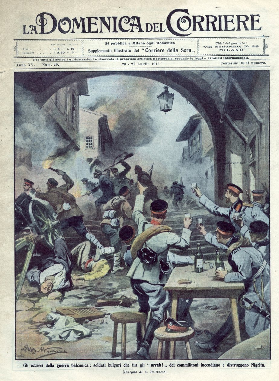 Druhá balkánská válka (1913) mezi Bulharskem a Řeckem a Tureckem: Bulharští vojáci zapálili a zničili Nigritu v Řecku. La Domenica del Corriere. 07/1913. Ilustrace Beltrame. od Achille Beltrame