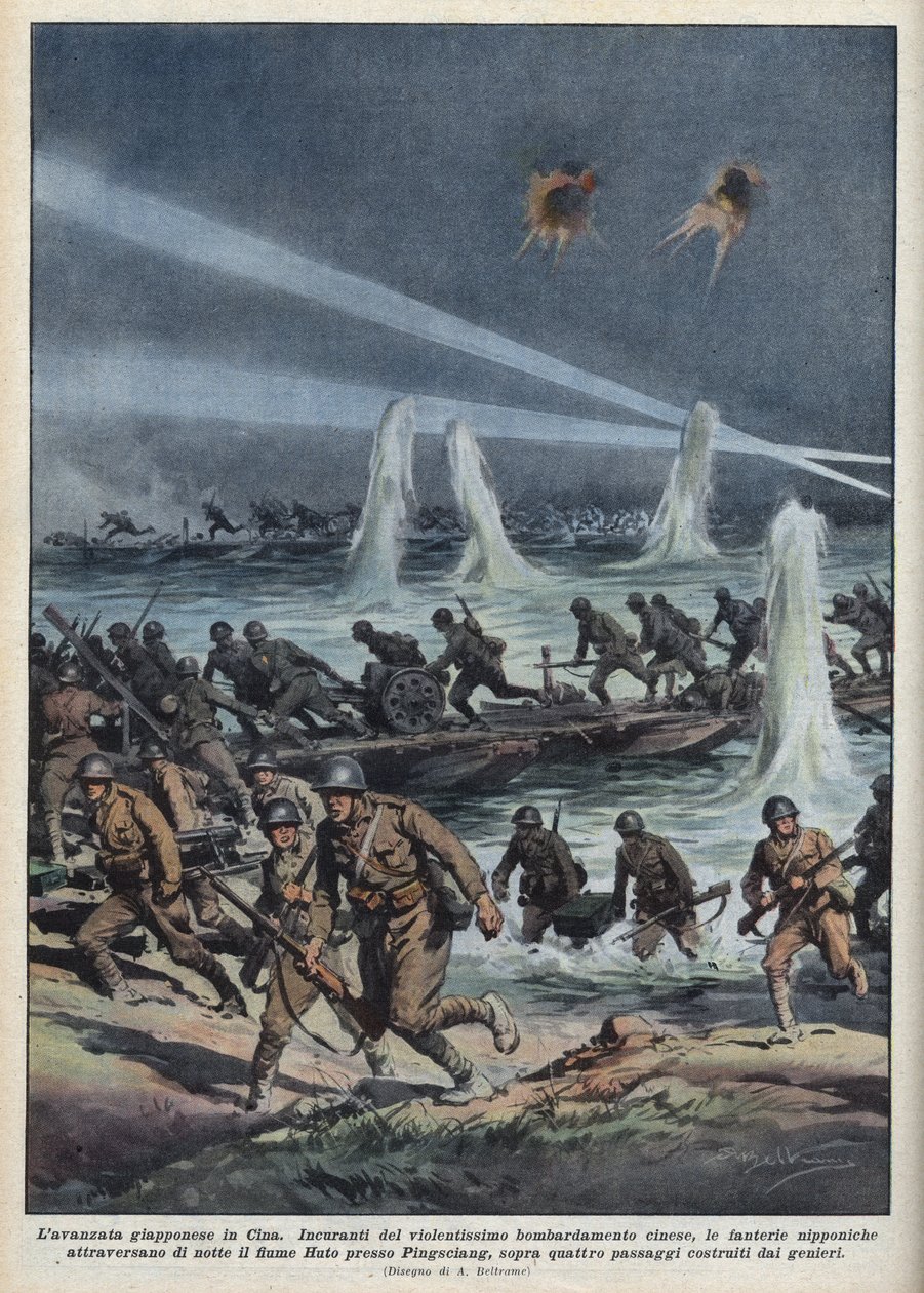 Druhá čínsko-japonská válka (1937-1945): "Japonská armáda překračuje řeku Huto poblíž Pingshangu pod čínským bombardováním." Ilustrace Achille Beltrame z „La domenica del corriere““ ze 17. 10. 1937. od Achille Beltrame