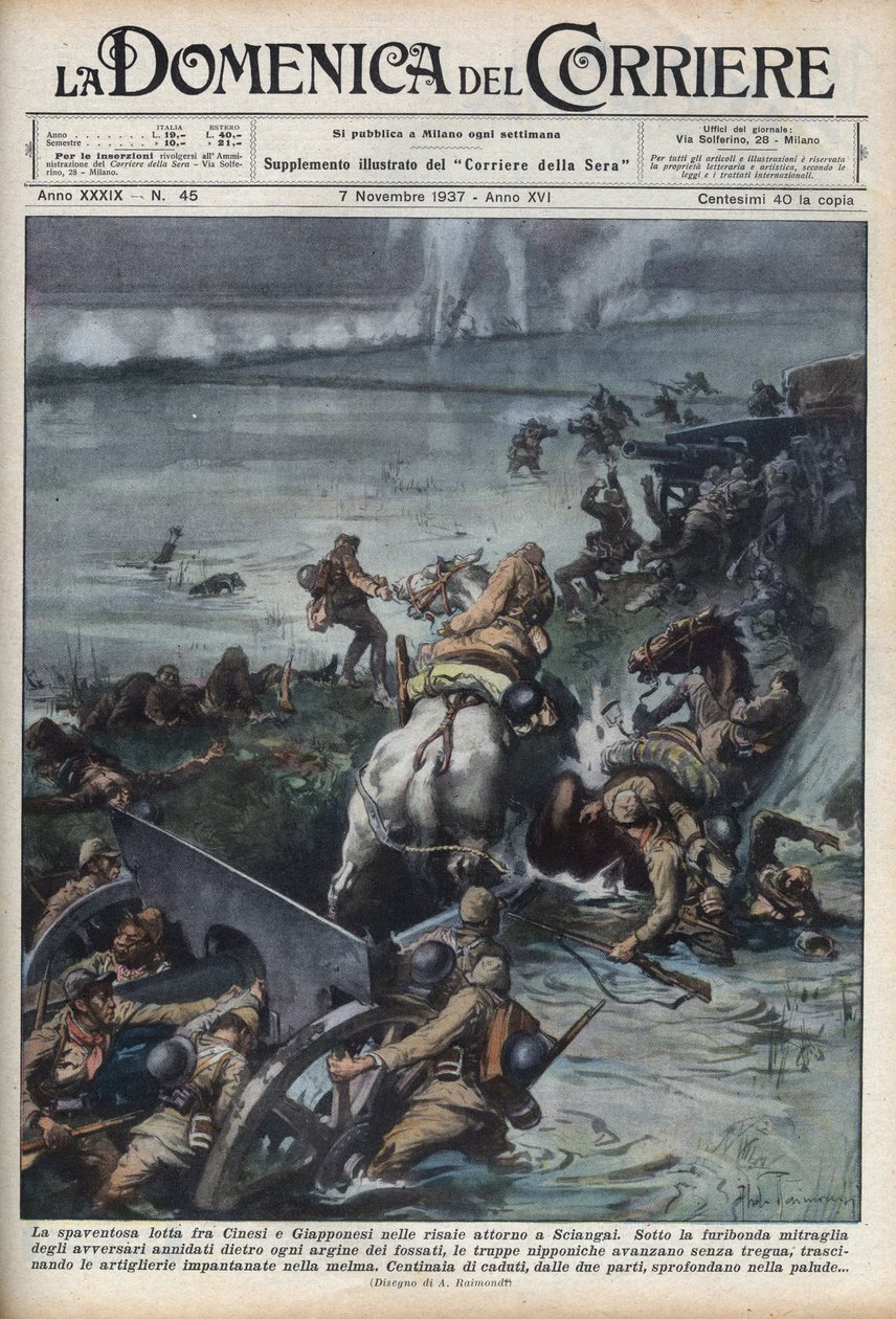 Druhá čínsko-japonská válka (1937-1945): střety v rýžových polích poblíž Šanghaje. Ilustrace Achille Beltrame z „La domenica del corriere““ ze 7. 11. 1937. od Achille Beltrame