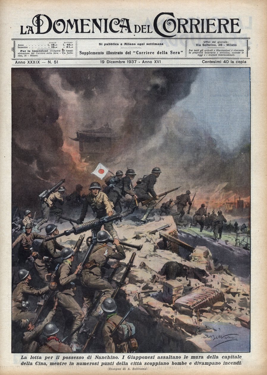 Druhá čínsko-japonská válka (1937-1945): epizoda Nanjingského masakru (pytel nebo znásilnění Nanjingu) v době konfliktů o vlastnictví regionu. Ilustrace Achilles Beltrame v „“ La domenica del corriere““ z 19.12.1937 od Achille Beltrame