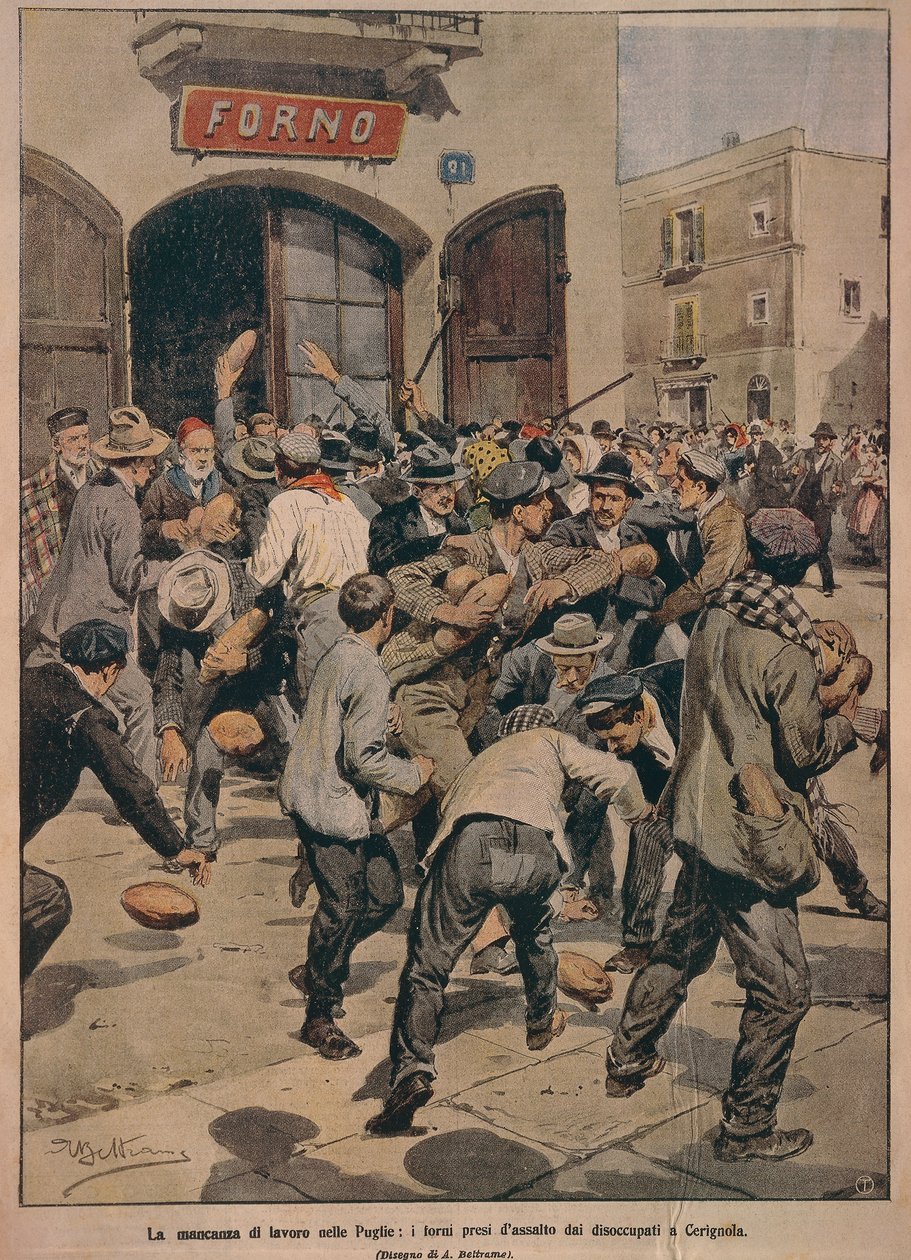 Vážný nedostatek práce v Apulii, pece zaútočili Cerignolovi nezaměstnaní, Achille Beltrame, ilustrace, ilustrátor Achille Beltrame (1871-1945), z La Domenica del Corriere, 20. prosince 1908 od Achille Beltrame