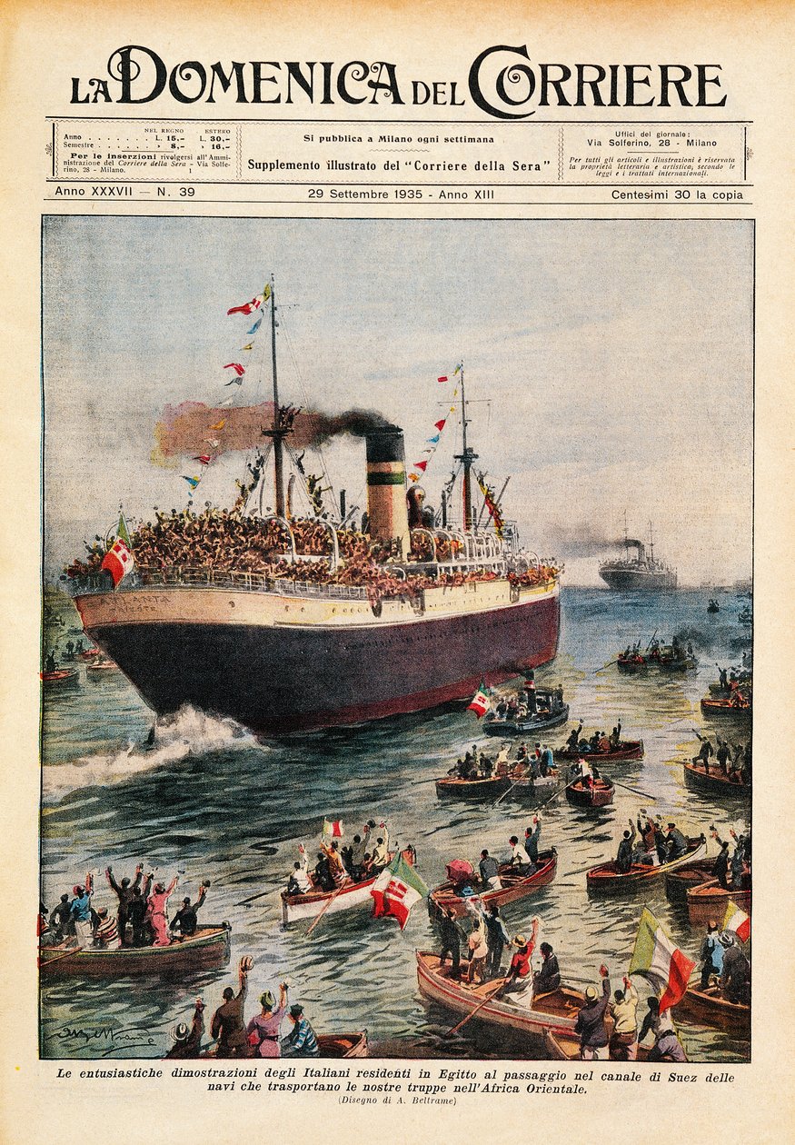 Lodě převážející italské jednotky do východní Afriky překračující Suezský průplav, ilustrace z La Domenica del Corriere, 20. října od Achille Beltrame