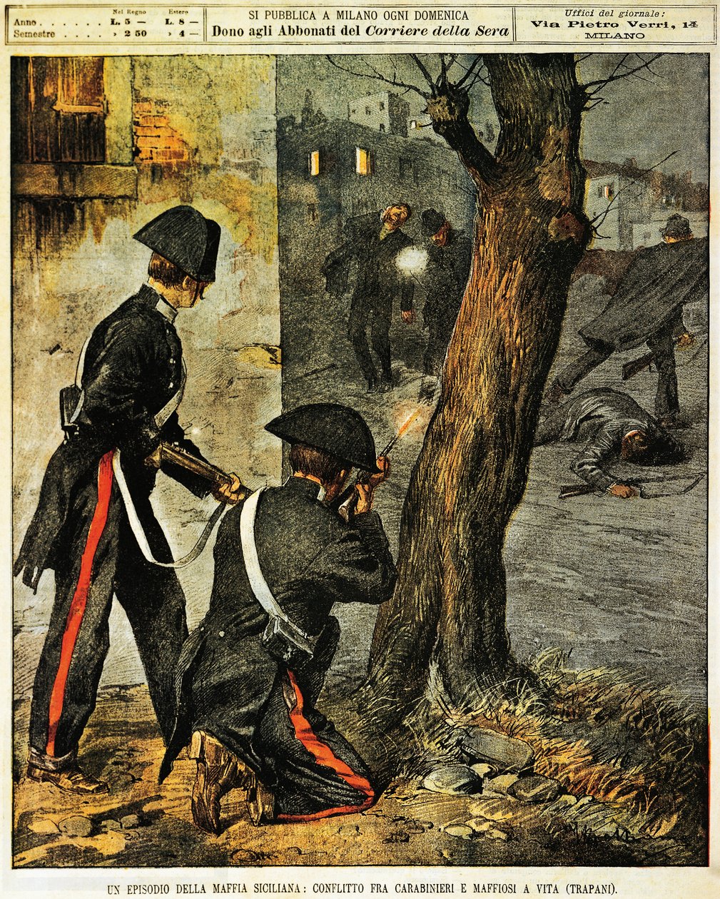 Akce sicilské mafie, Boj mezi karabiniéry a mafiánskými gangstery v Trapani, Achille Beltrame, ilustrace, Ilustrátor Achille Beltrame (1871-1945), z La Domenica del Corriere, 31. prosince 1899 od Achille Beltrame