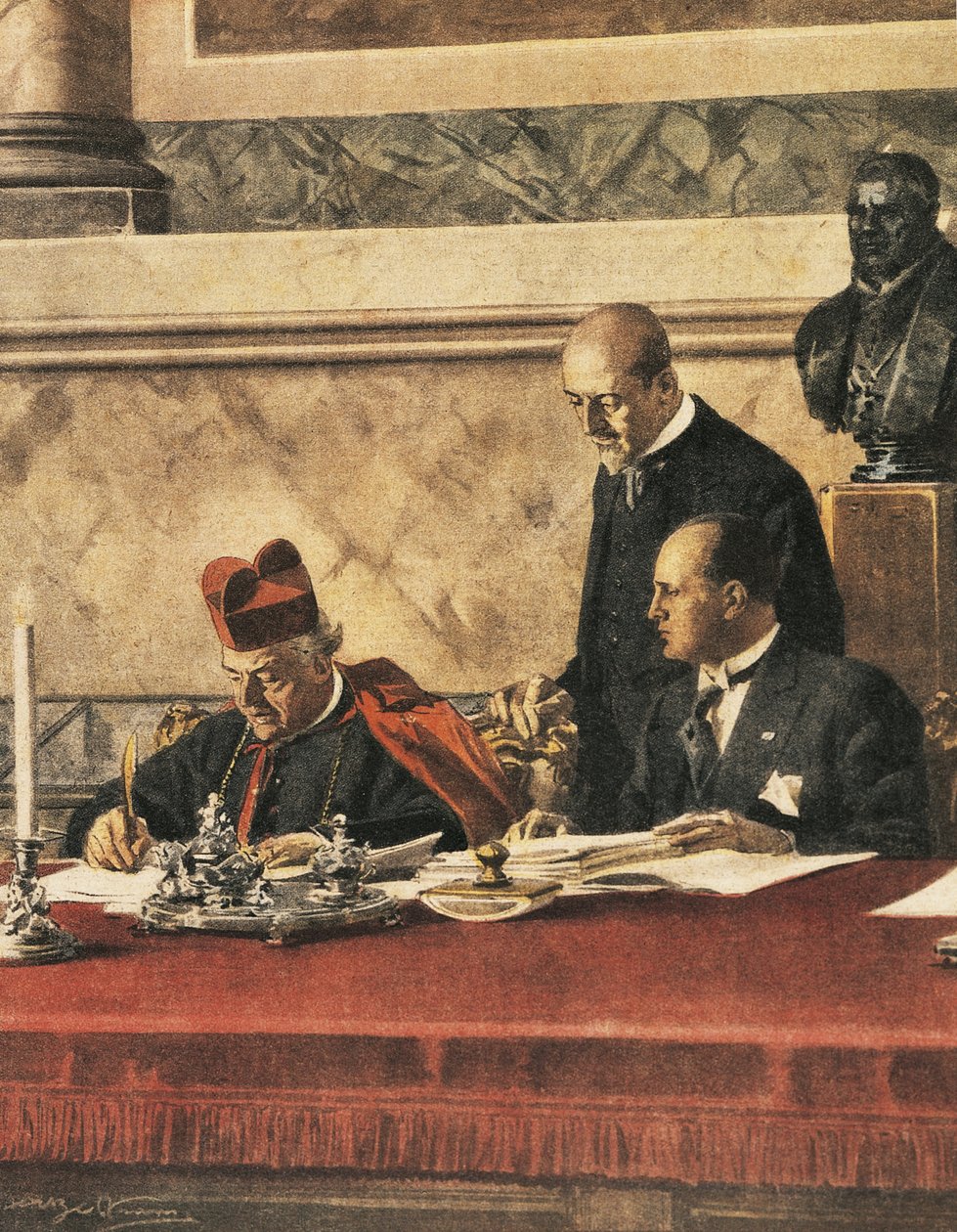Podpis Lateránské smlouvy mezi kardinálem P. Gasparrim a B. Mussolinim od Achille Beltrame