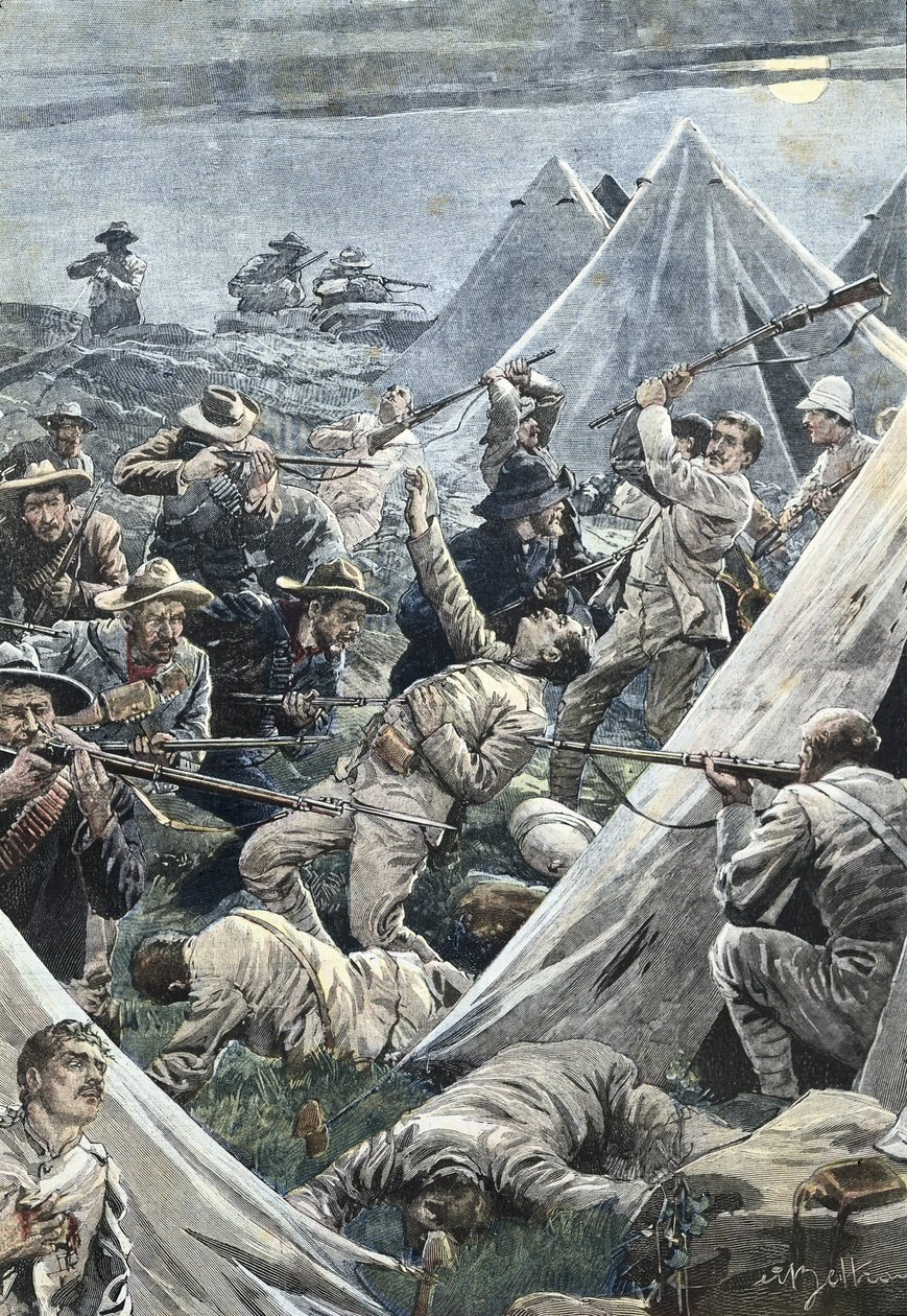 Jižní Afrika. Druhá búrská válka. Útok na anglický tábor Tweefontein (1902). Ilustrace Achille Beltrame. Rytina. od Achille Beltrame