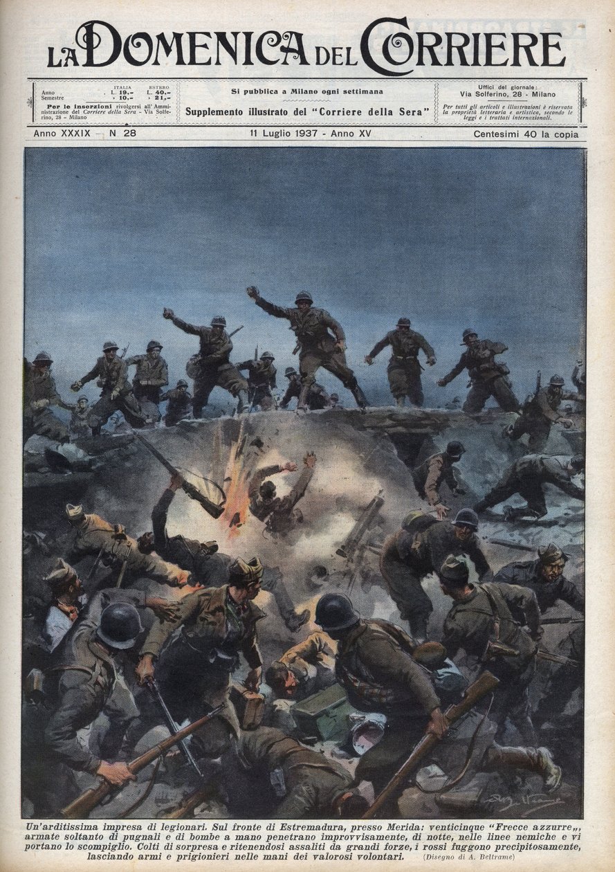 Španělská občanská válka: Divize italských dobrovolníků prchá před španělskou republikánskou armádou v oblasti Merida ve Španělsku. Ilustrace Achille Beltrame v „La domenica del Corriere““ z 11.07.1937. od Achille Beltrame
